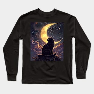 Cat and Moon, Cute Design With Animals Long Sleeve T-Shirt